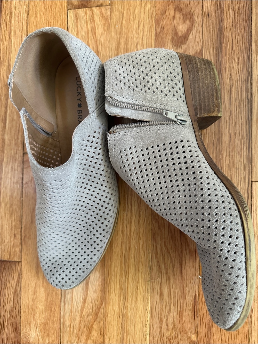 Lucky Brand Taupe Perforated Slip-On Mules